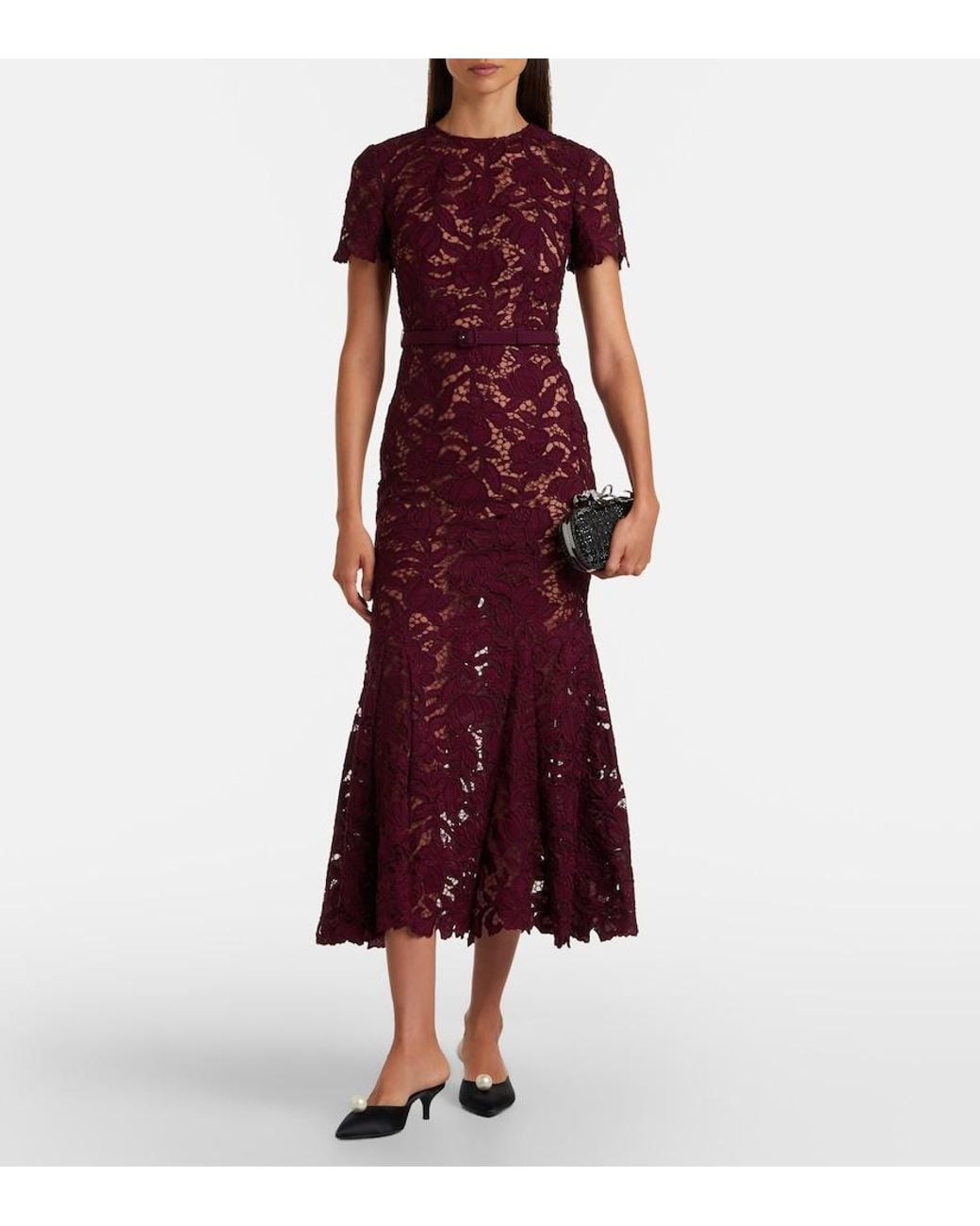 Self-Portrait Purple Belted Floral Guipure Lace Midi Dress