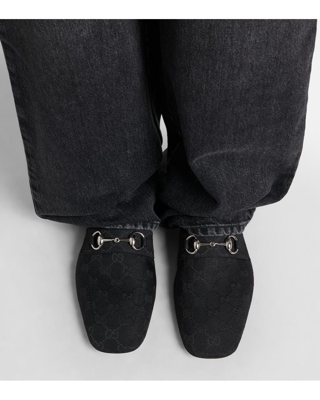 Gucci Black Horsebit Gg Canvas Loafers