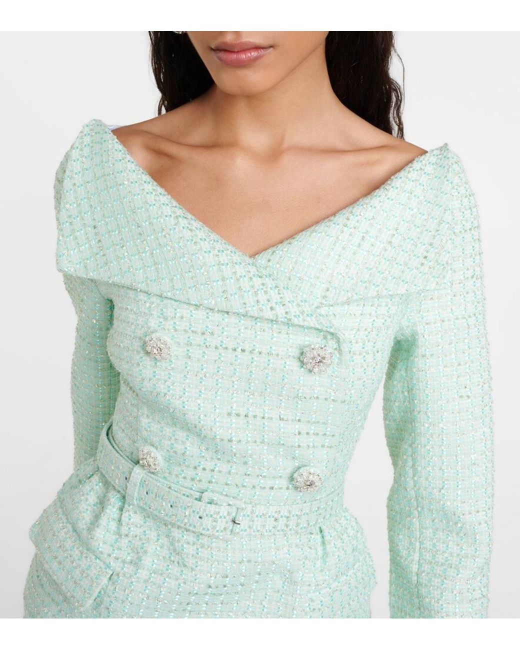 Self-Portrait Boucle Midi Dress in Green | Lyst
