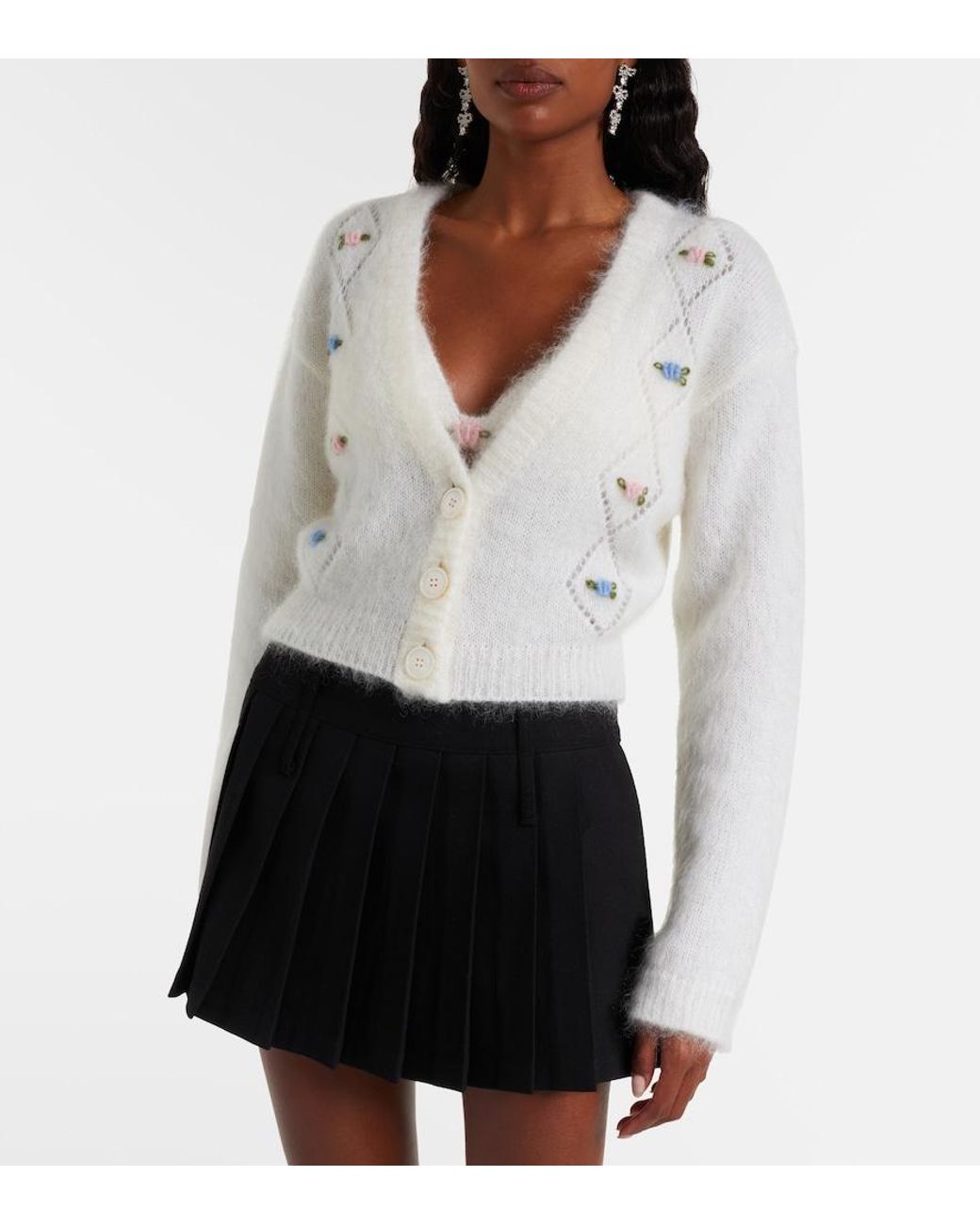 Alessandra Rich White Embroidered Mohair-Blend Cardigan