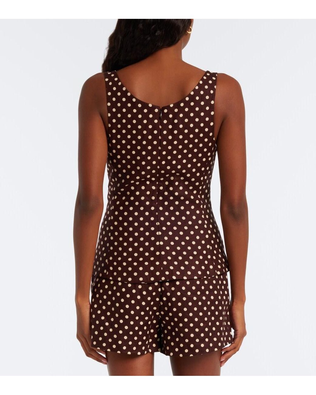 Faithfull The Brand Brown Martuba Polka-Dot Peplum Linen Top