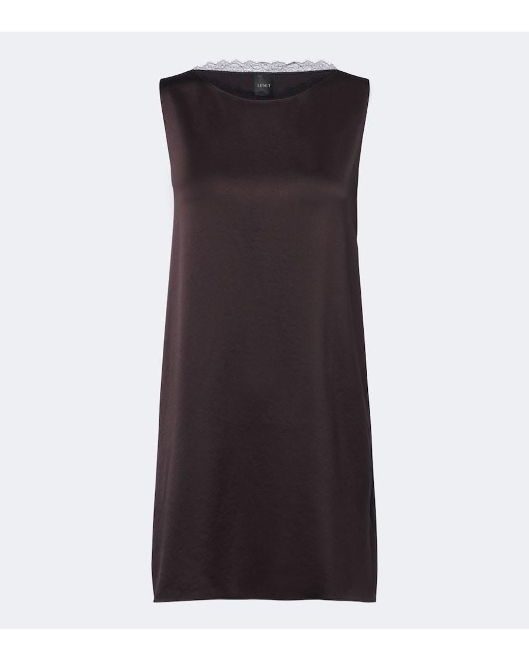 Leset Brown Barb Lace-Trimmed Satin Minidress