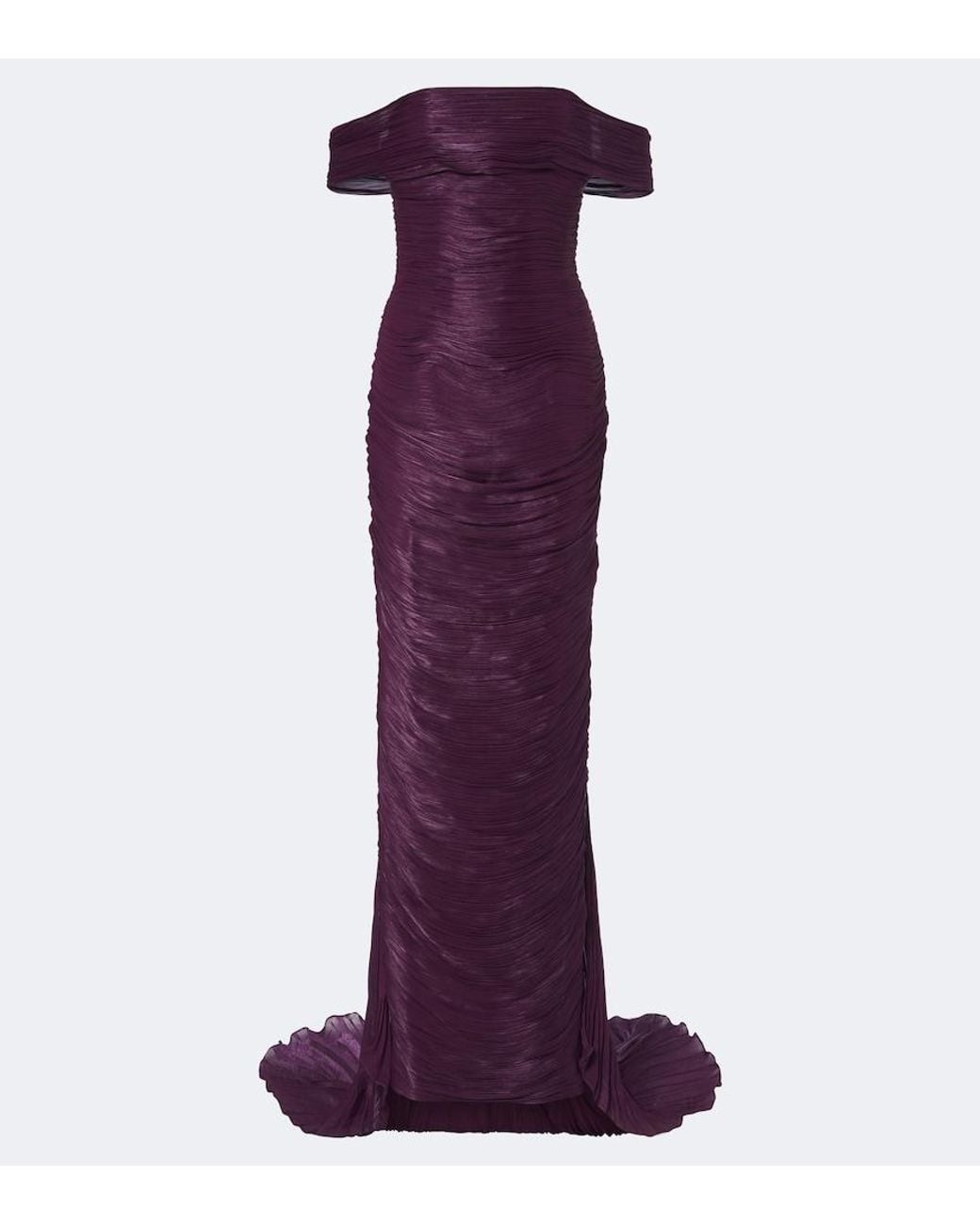 Marmar Halim Purple Pleated Off-Shoulder Bustier Gown