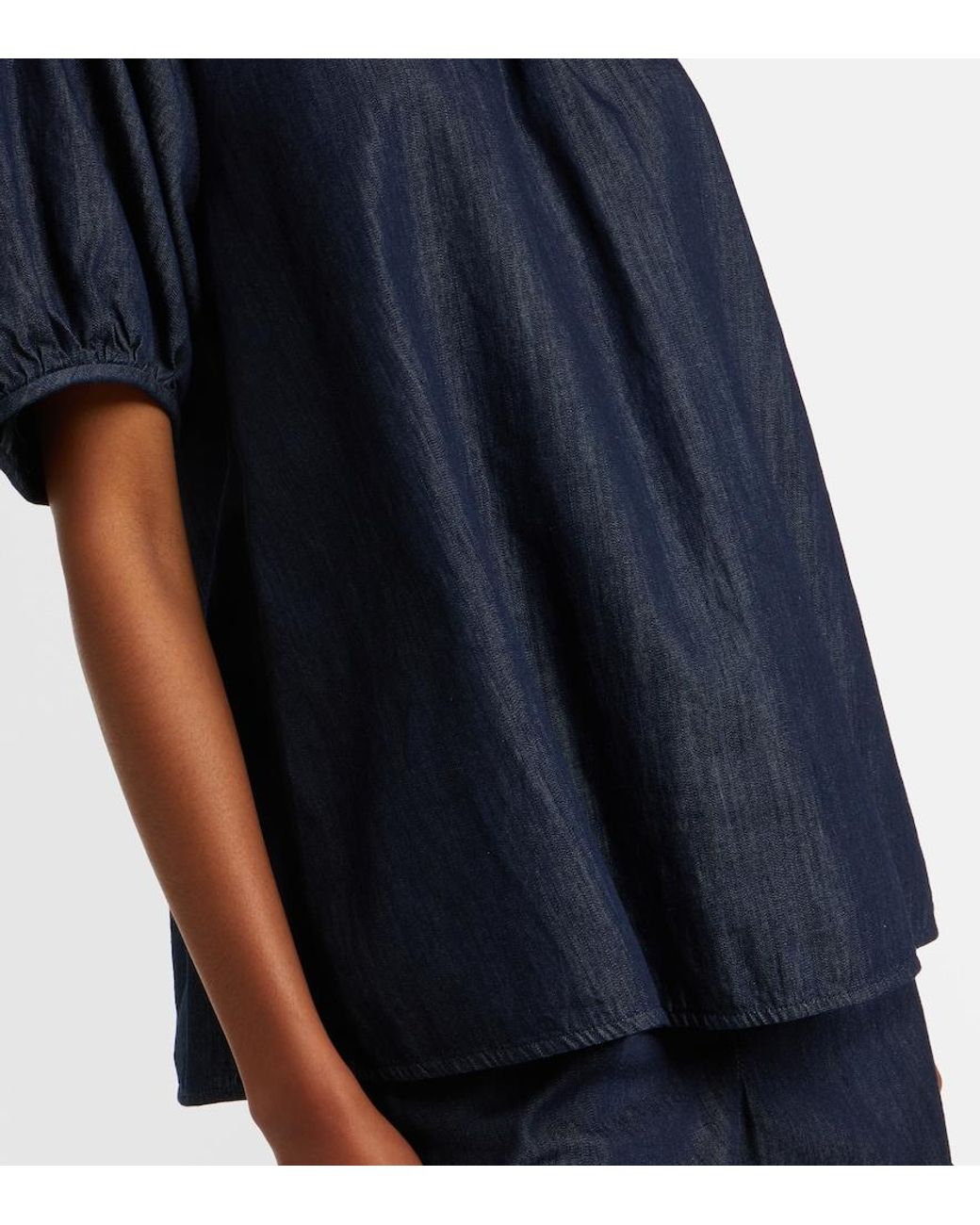 Max Mara Blue Embellished Ruffled Denim Blouse