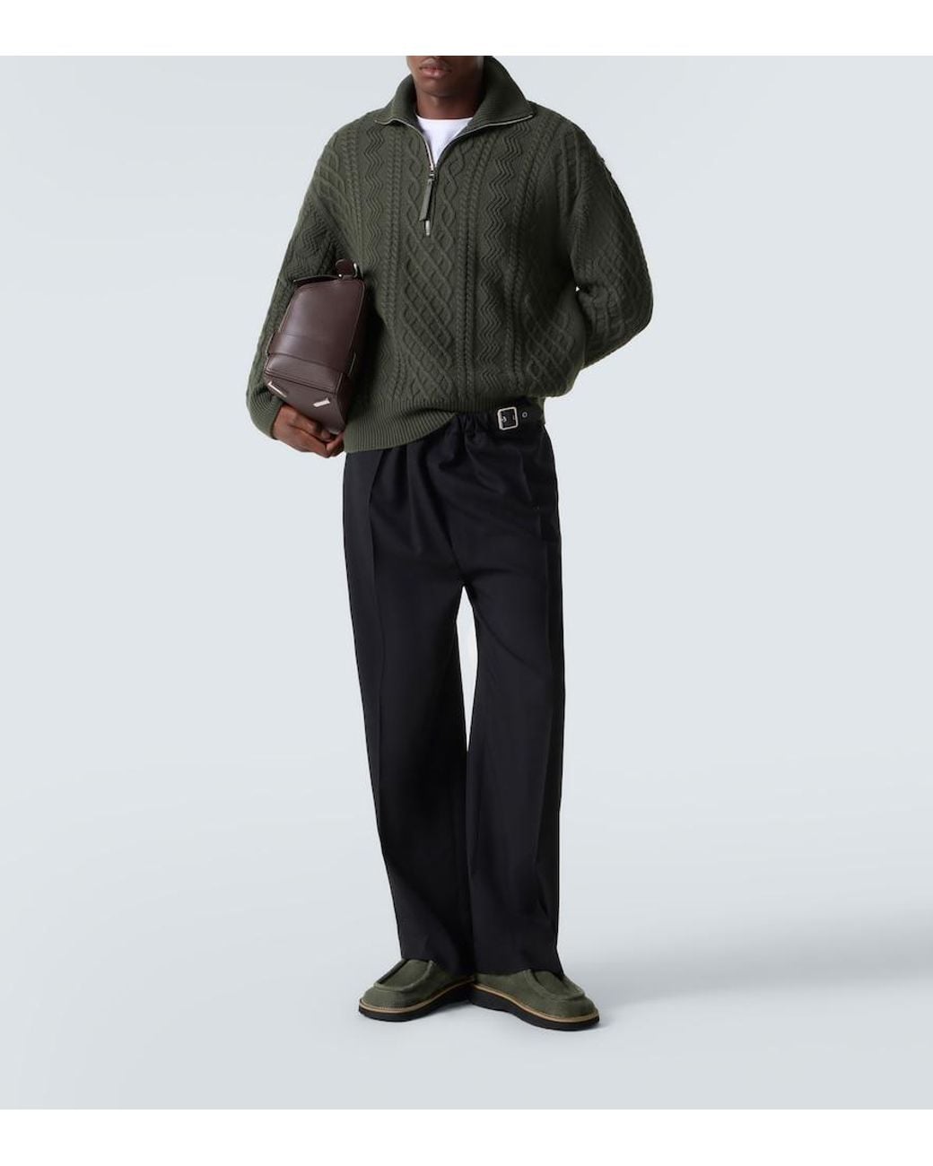 Loewe Green Aran-Knit Wool Half-Zip Turtleneck Sweater for men