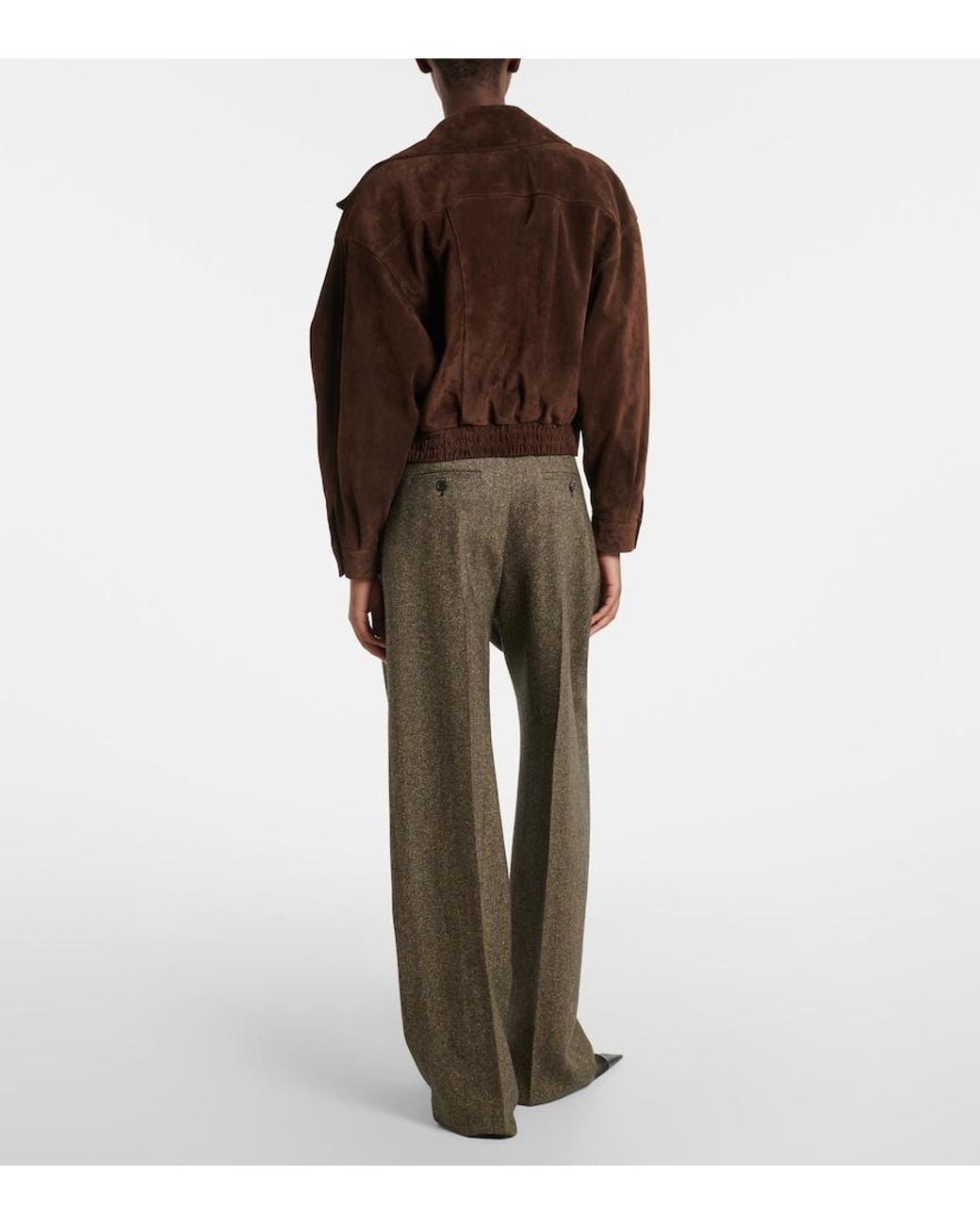 Saint Laurent Brown Herringbone Wool-Blend Wide-Leg Pants
