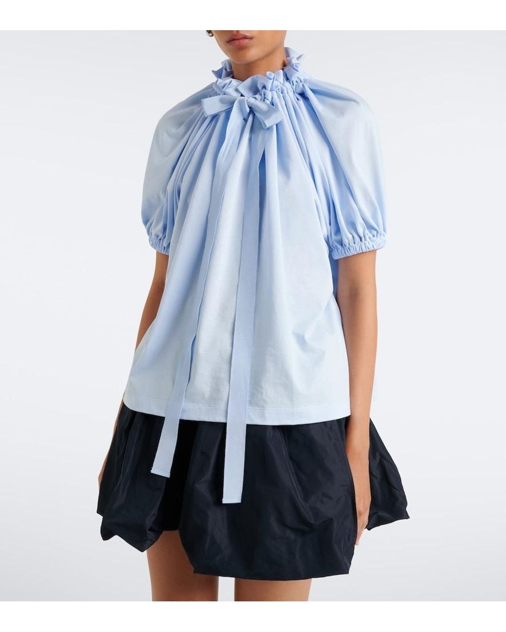 Patou Blue Bow-Detail Gathered Cotton Jersey Top