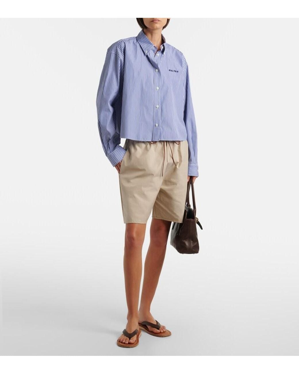 Miu Miu Blue Striped Cropped Cotton Poplin Shirt