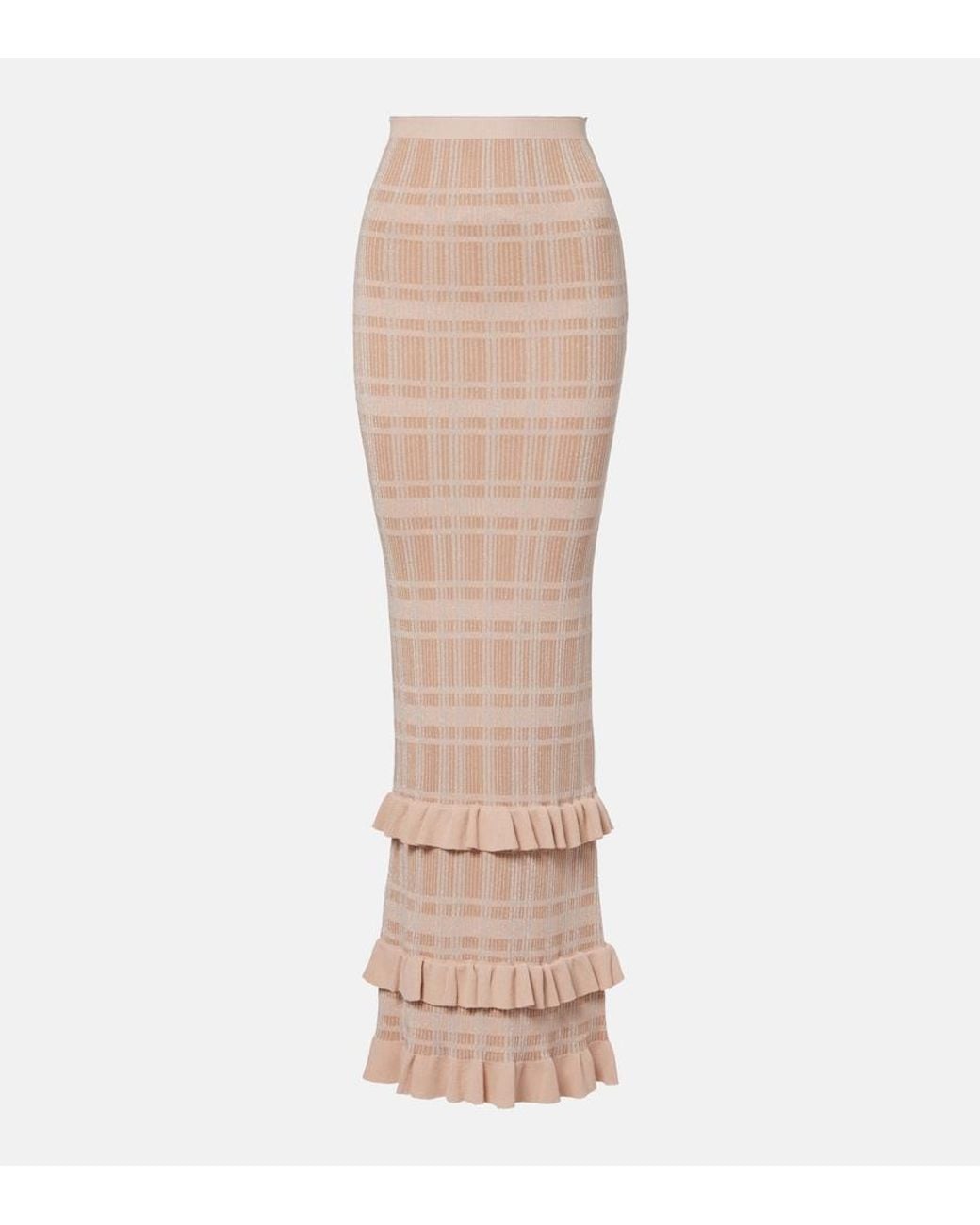 Bananhot Natural Petra Checked Ribbed-Knit Ruffled Pencil Skirt