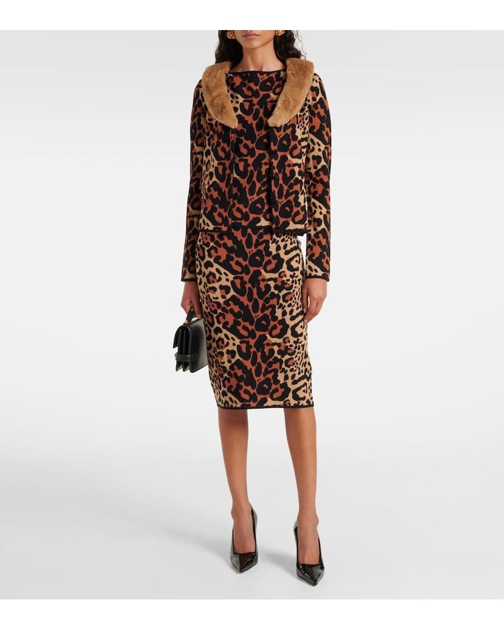 Blumarine Brown Leo Leopard-Print Jacquard Pencil Skirt