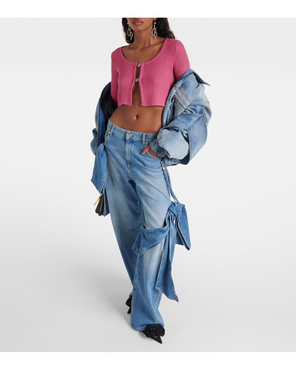 Blumarine Pink Logo Ribbed-Knit Cropped Cardigan