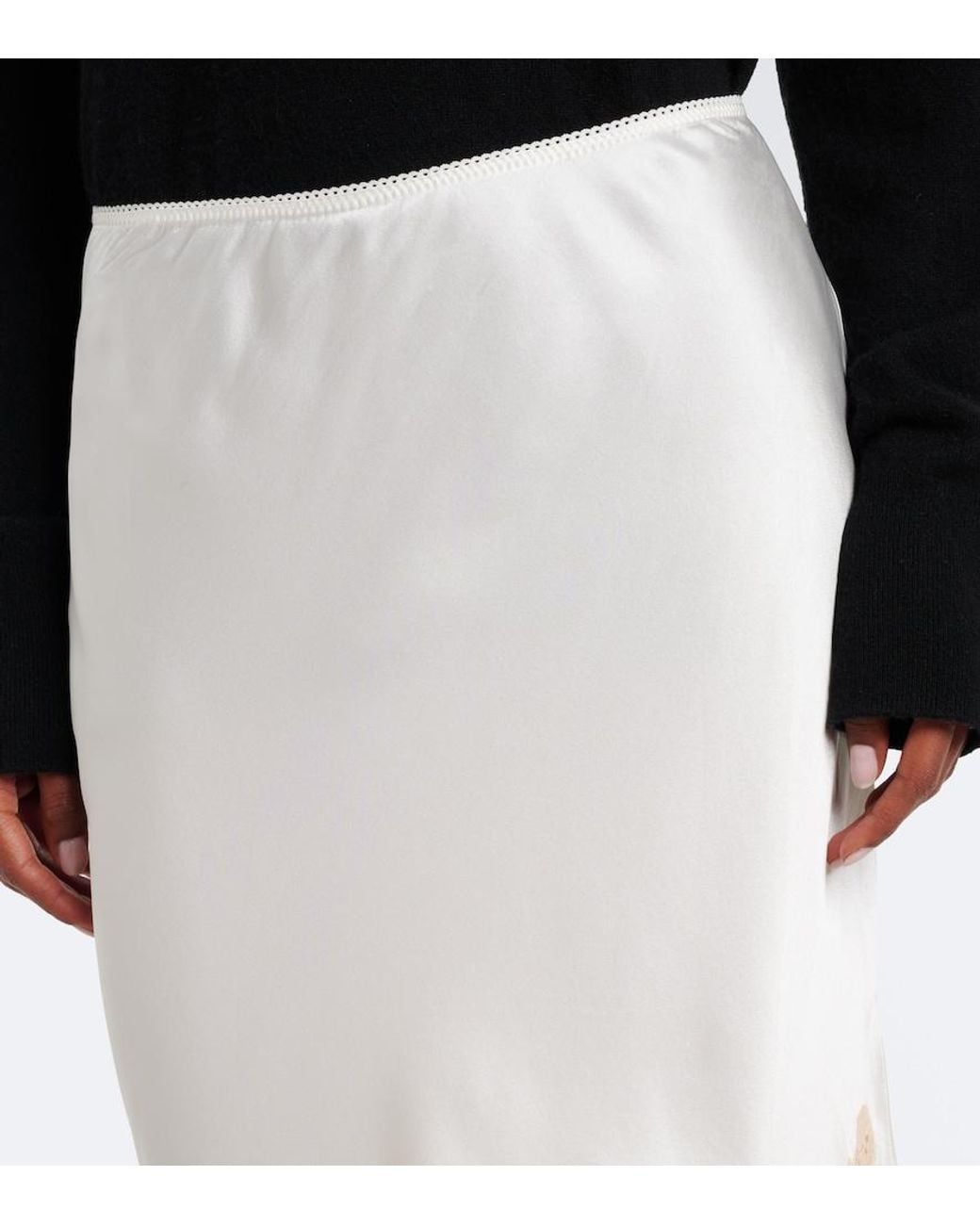 Doen White Elowette Lace-Trimmed Silk Satin Midi Skirt