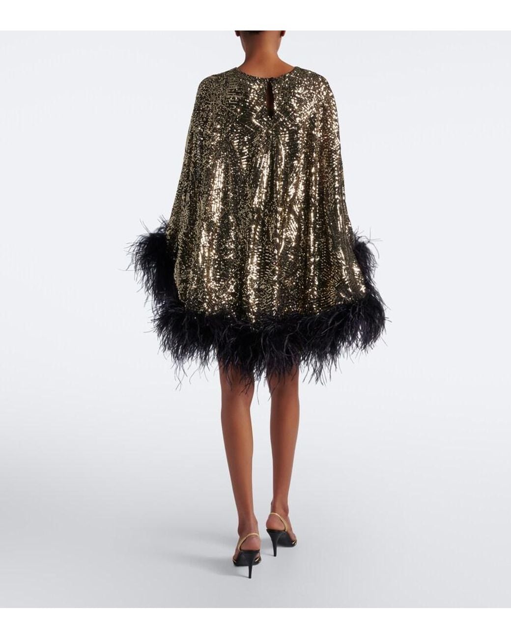 Taller Marmo Metallic Vegas Disco Feather-Trimmed Minidress