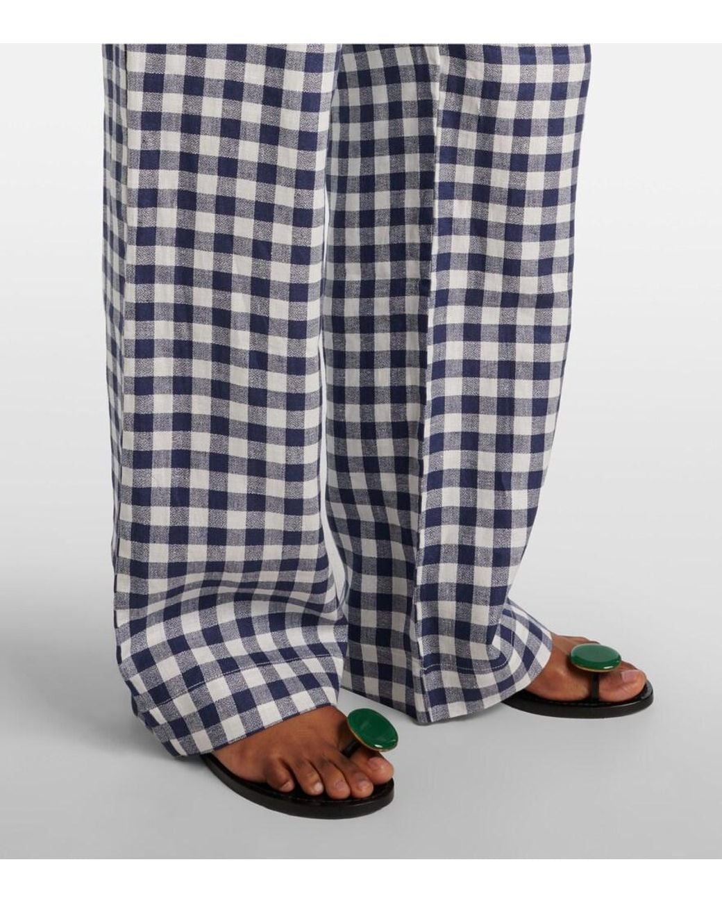 Asceno Blue Aurelia Gingham Linen Wide-Leg Pants