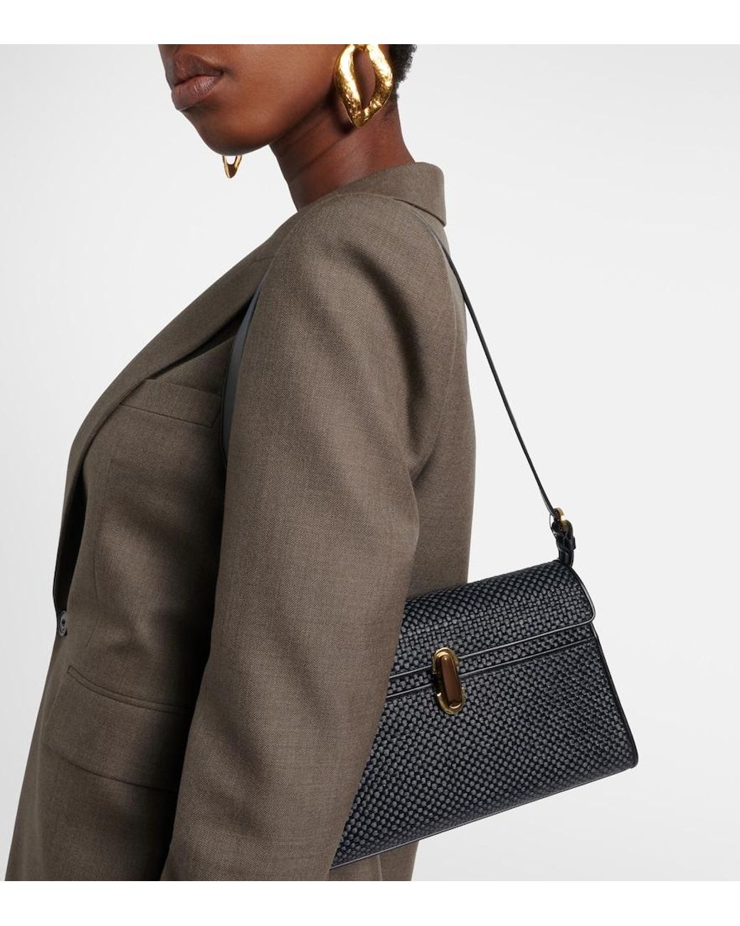 SAVETTE Black Symmetry Leather-Trimmed Raffia Shoulder Bag