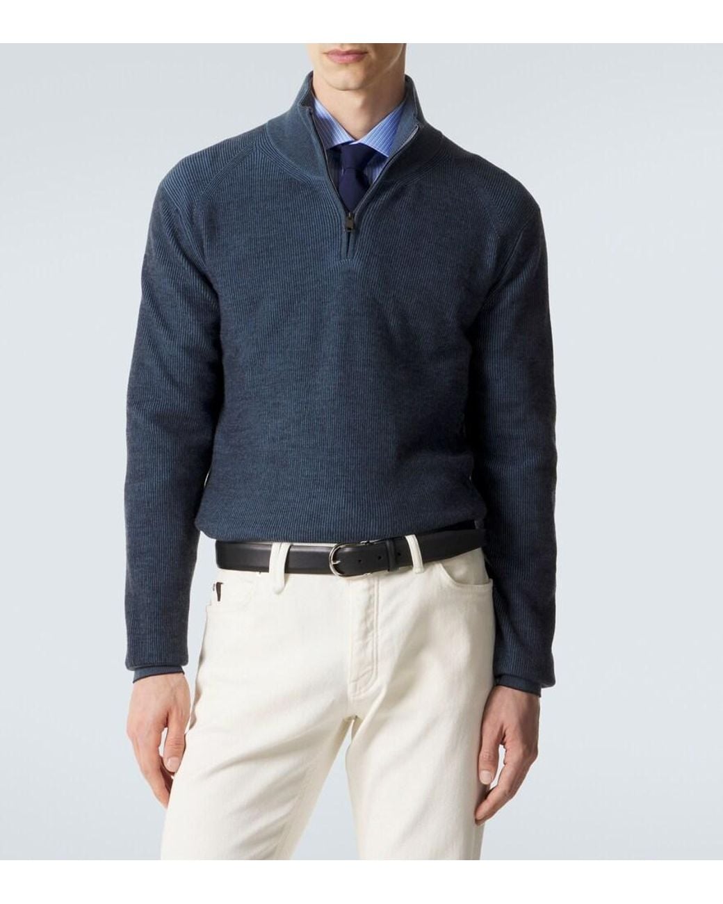Brioni Blue Cashmere And Wool Half-Zip Sweater for men
