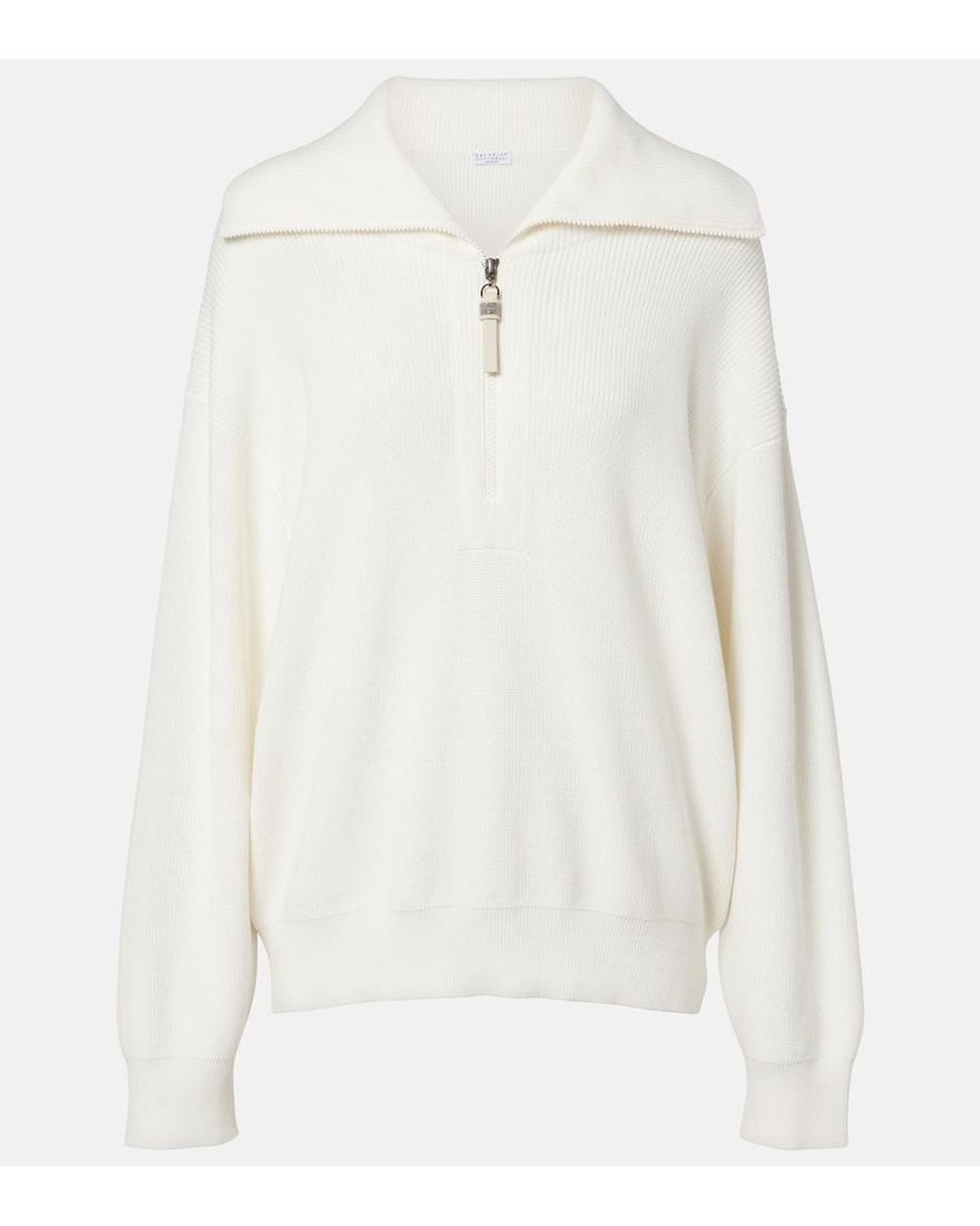 Brunello Cucinelli White Monili Oversized Cotton Half-Zip Sweater