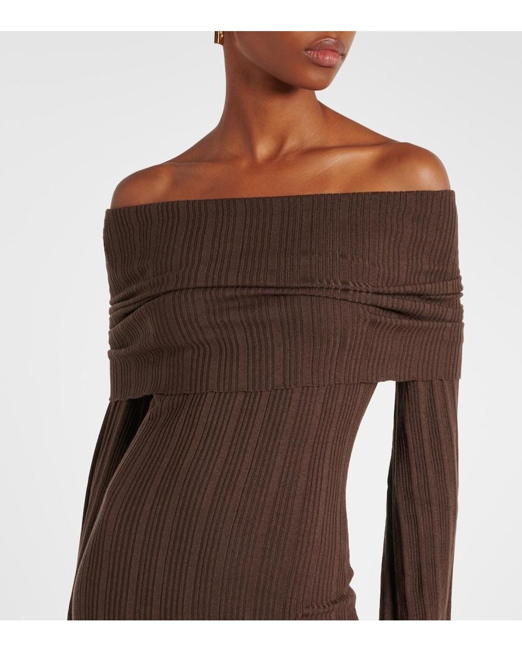 AYA MUSE Brown Off-Shoulder Silk-Blend Jersey Maxi Dress