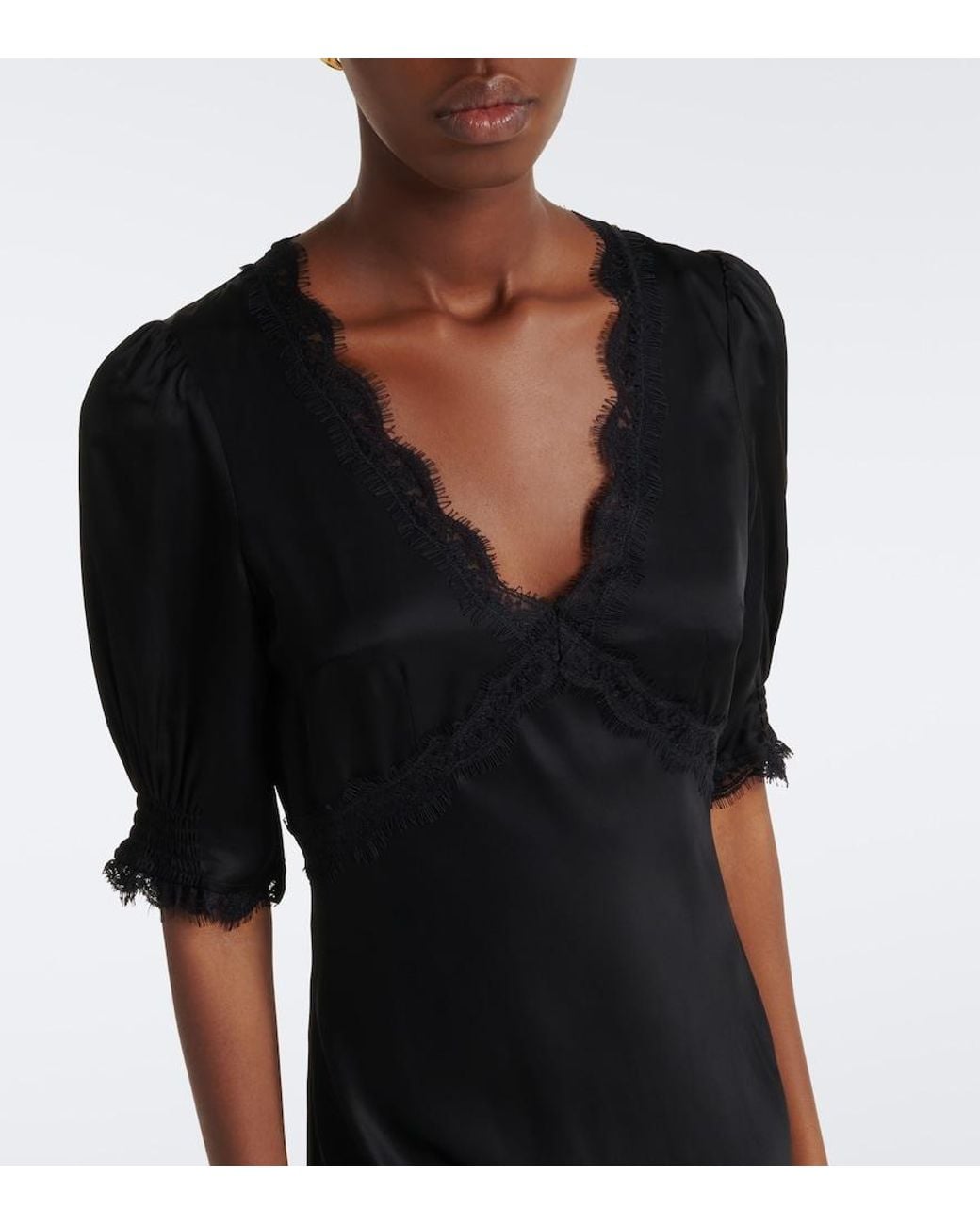 Rixo Black Annina Lace-Trimmed Satin Midi Dress