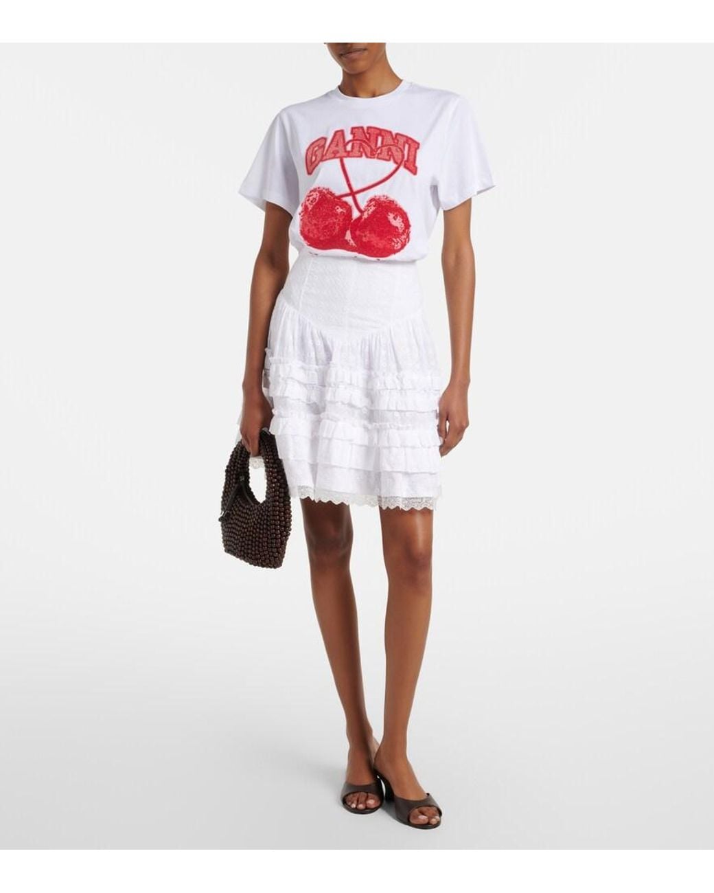 Ganni White Broderie Anglaise Tiered Cotton Miniskirt