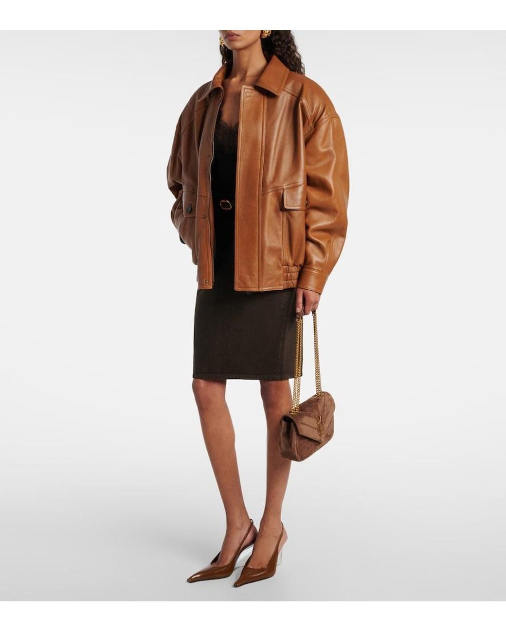 Saint Laurent Brown Oversized Leather Bomber Jacket