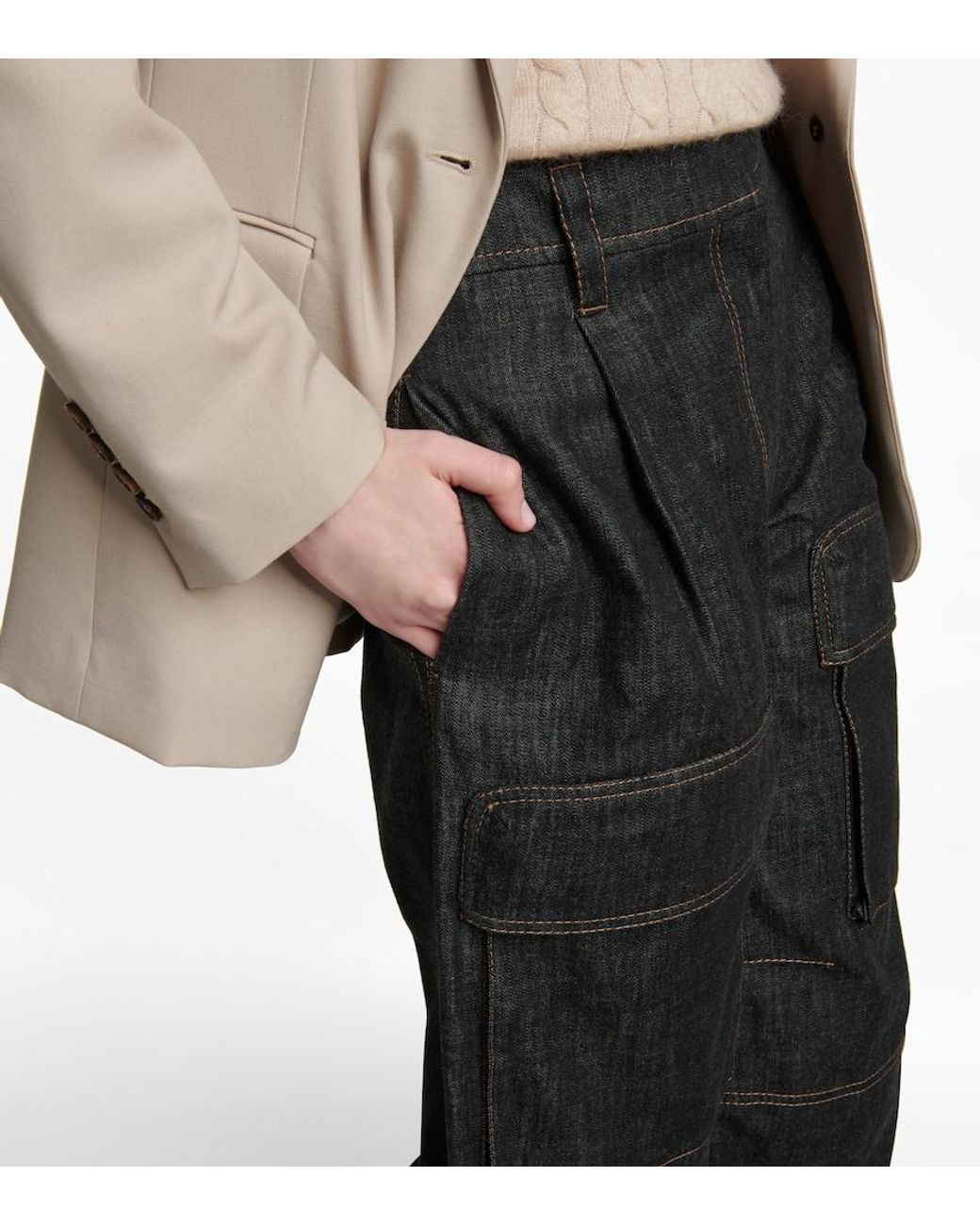 Brunello Cucinelli Black High-Rise Denim Cargo Pants