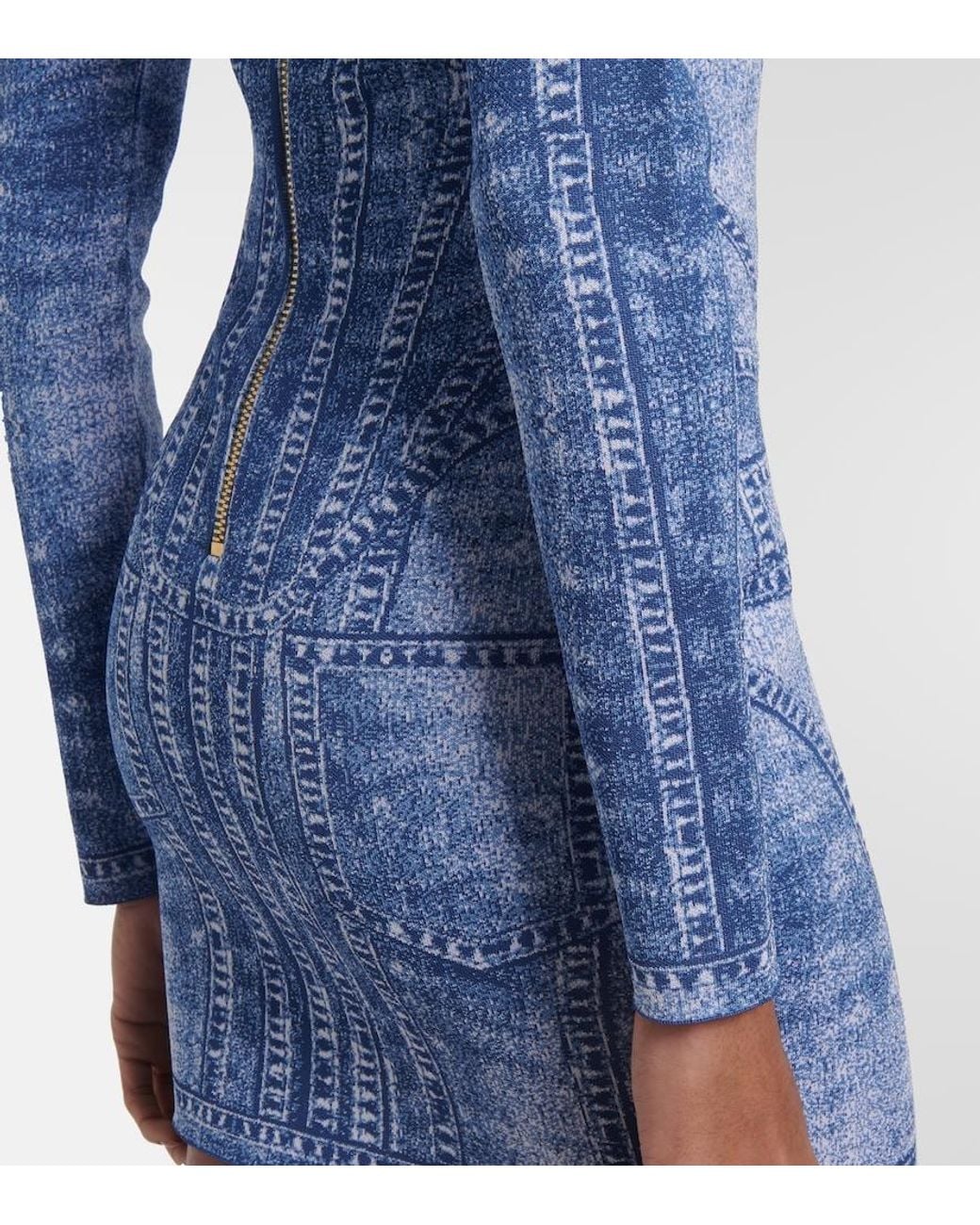 Balmain Blue Jacquard Denim-Effect Mini Dress