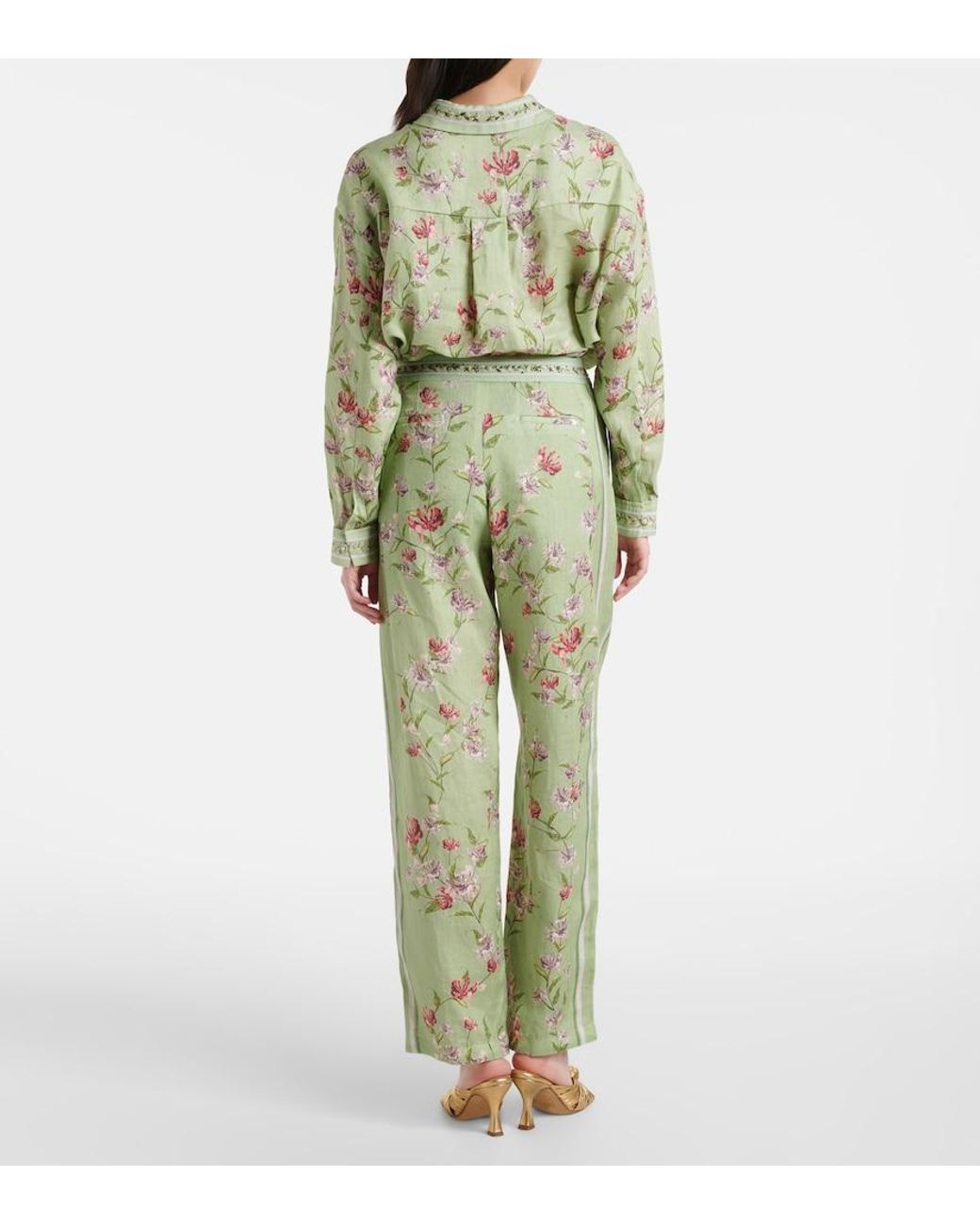 Agua Bendita Green Florecer Honeysuckle Linen Wide-Leg Pants