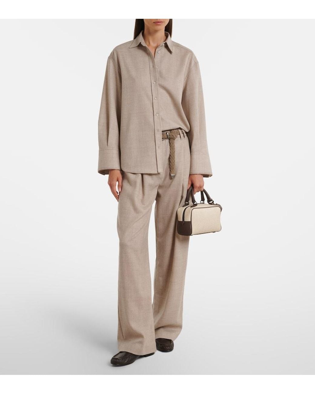 Brunello Cucinelli Natural Monili Virgin Wool Wide-Leg Pants
