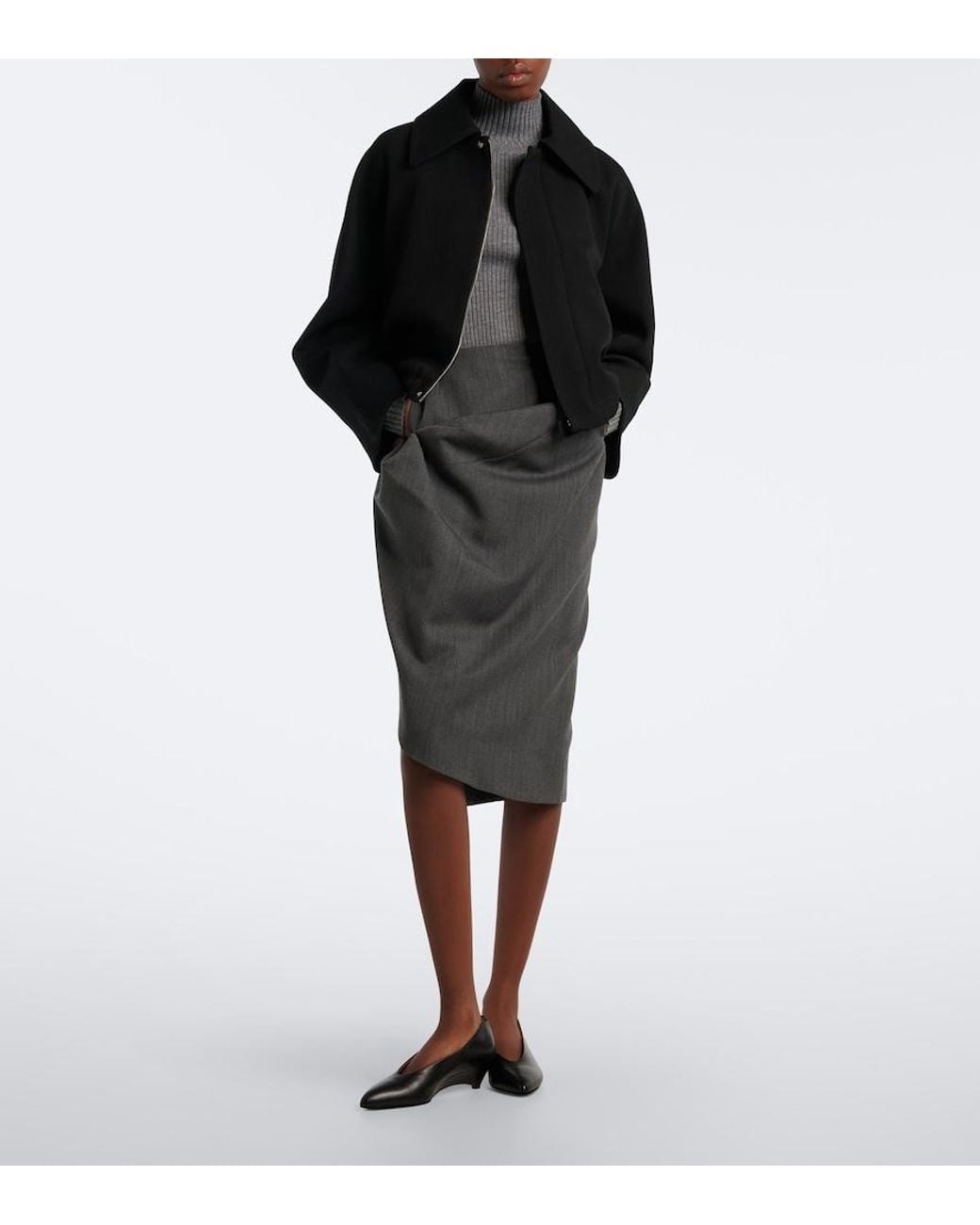 Victoria Beckham Gray Draped Asymmetric Virgin Wool Midi Skirt