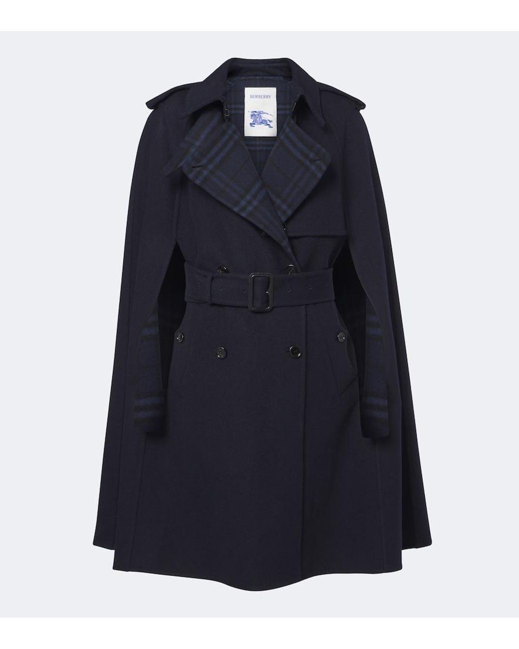 Burberry Blue Check Belted Wool Cape