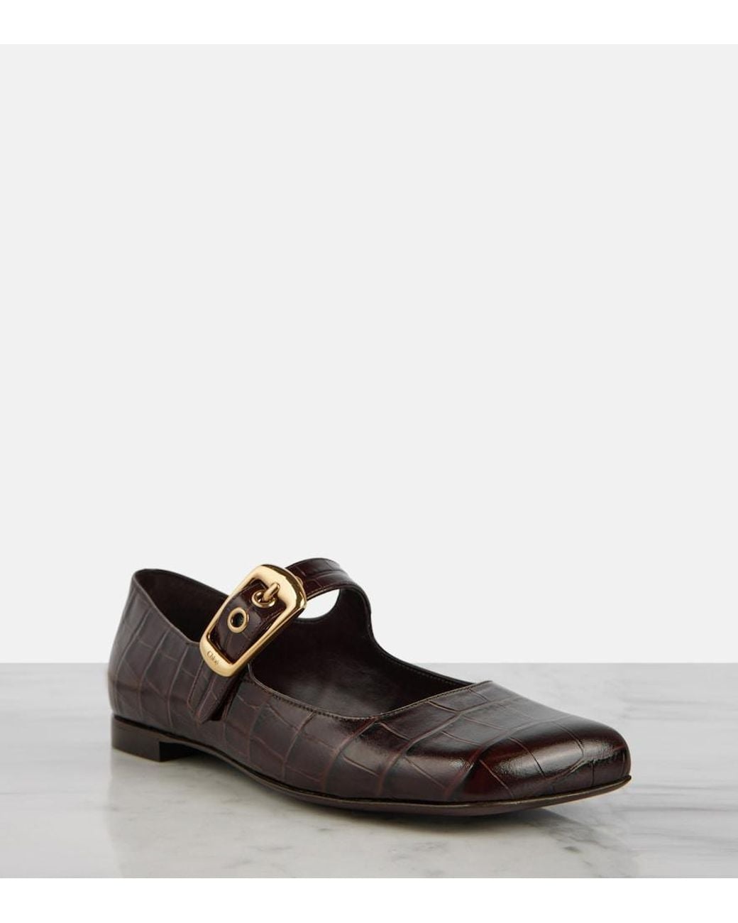 Chloé Black Polly Croc-Effect Leather Mary Jane Flats