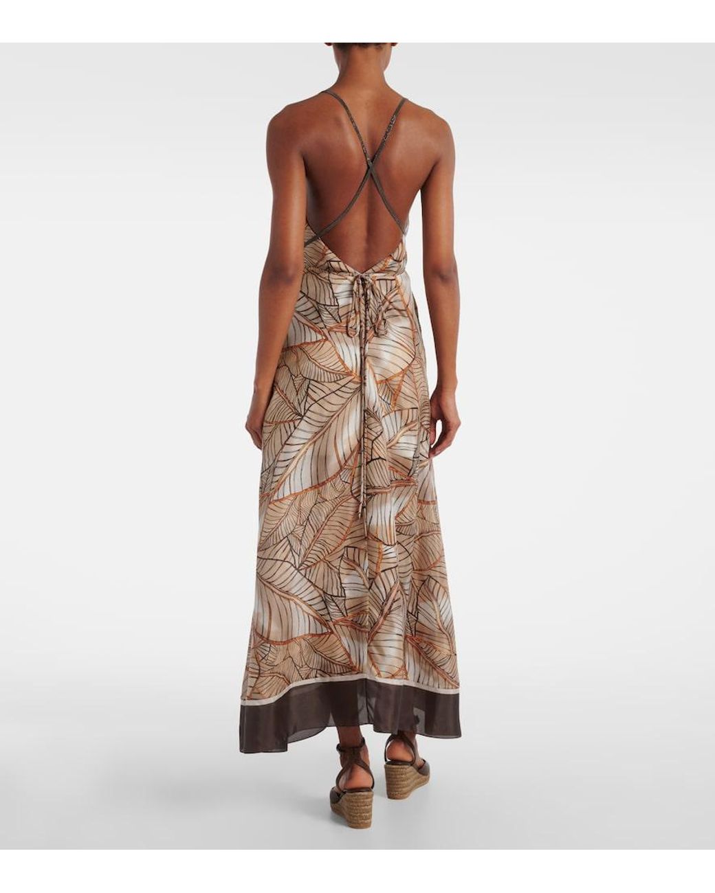 Brunello Cucinelli Natural Printed Silk Maxi Dress