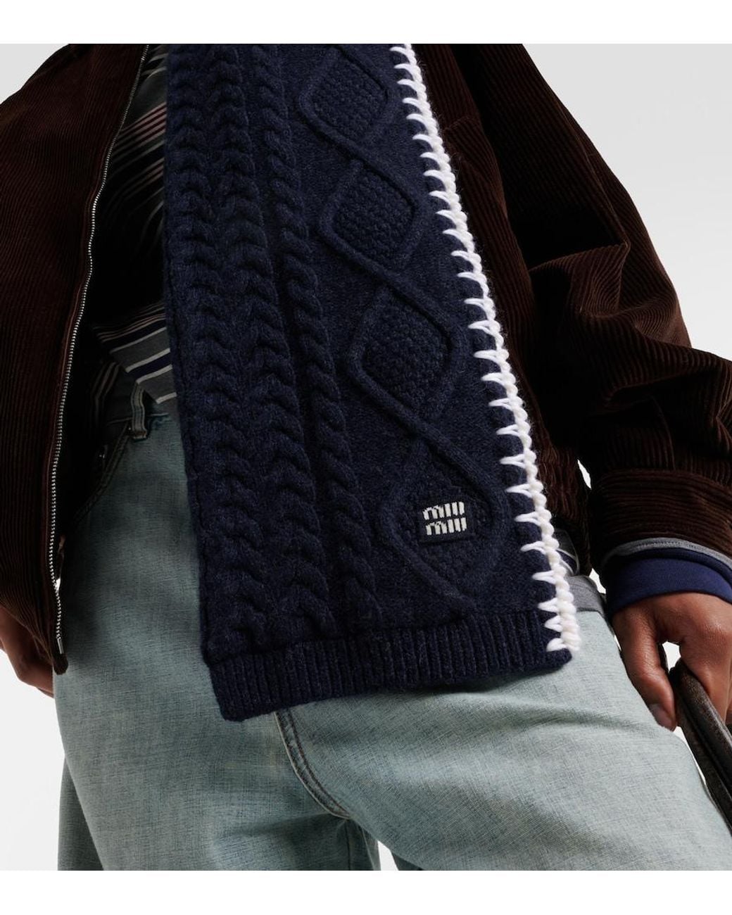 Miu Miu Blue Cable-Knit Wool And Cashmere Scarf