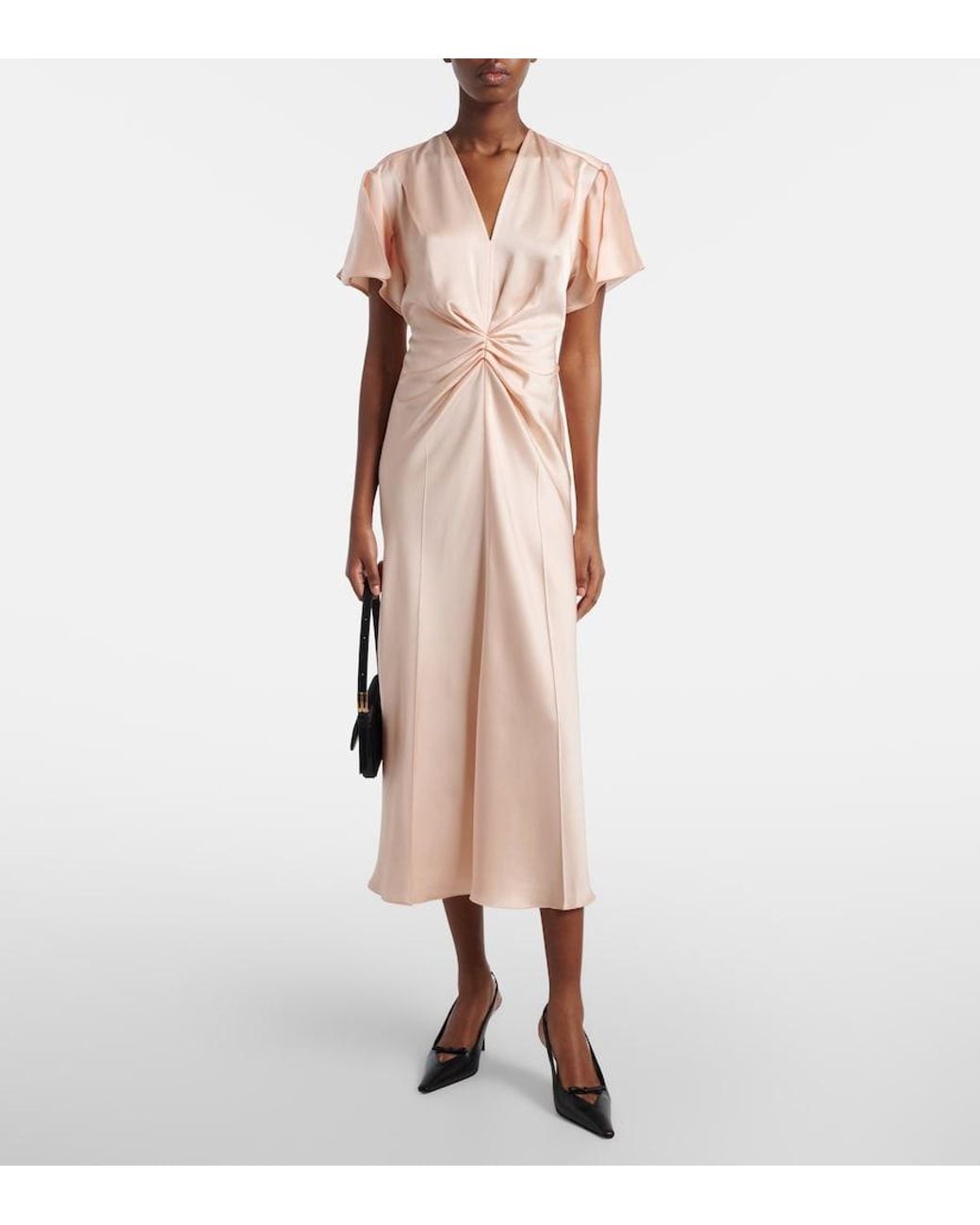 Victoria Beckham Pink Eve Gathered Satin Crepe Midi Dress