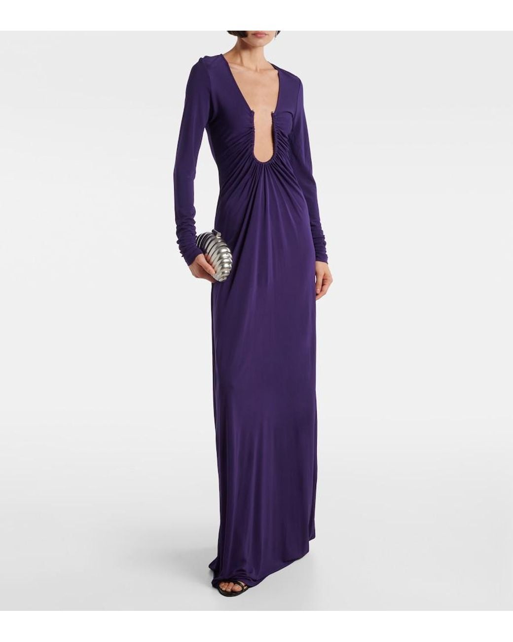 Christopher Esber Purple Arced Palm Cutout Gathered Gown
