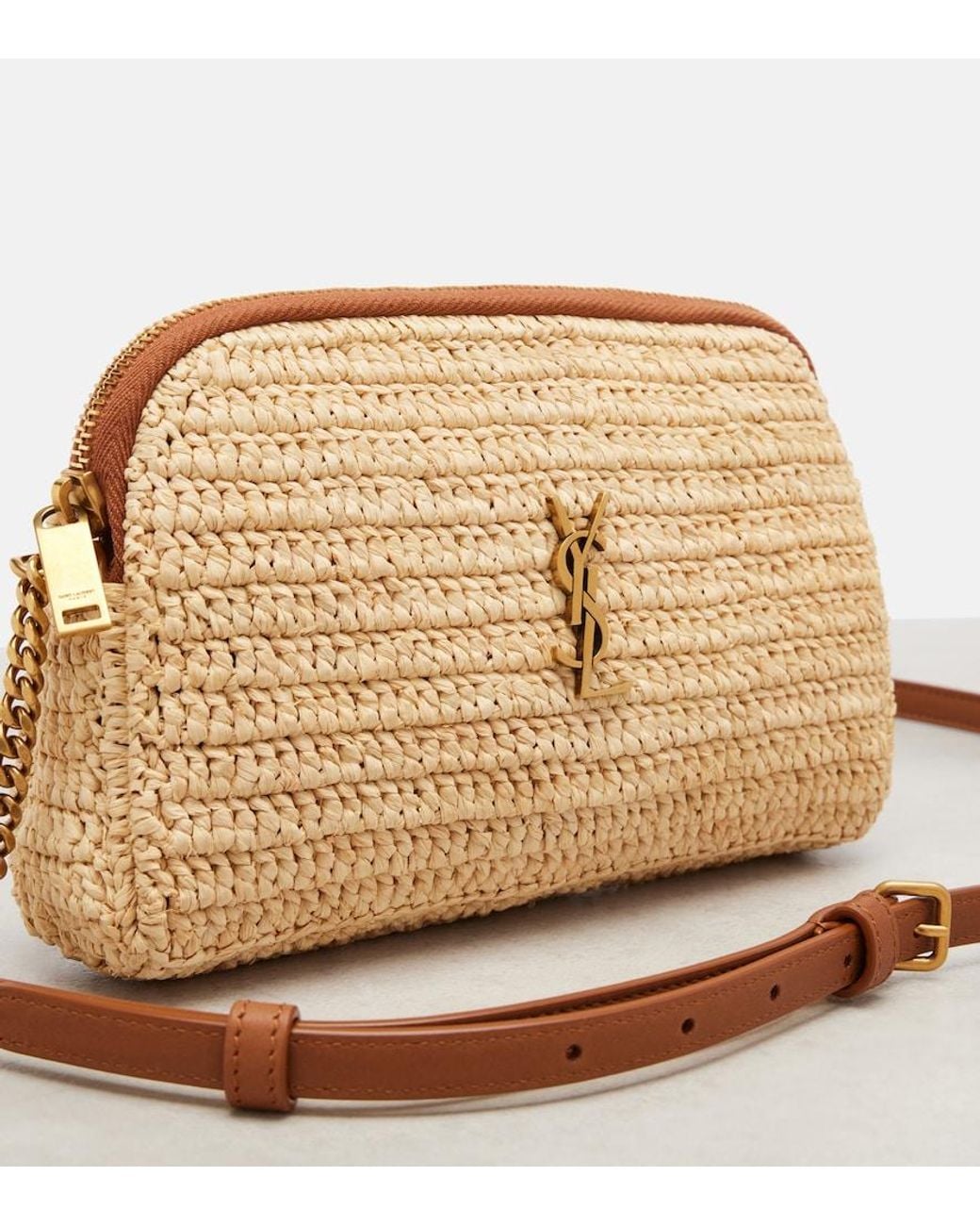 Saint Laurent Natural Gaby Leather-Trimmed Raffia Shoulder Bag