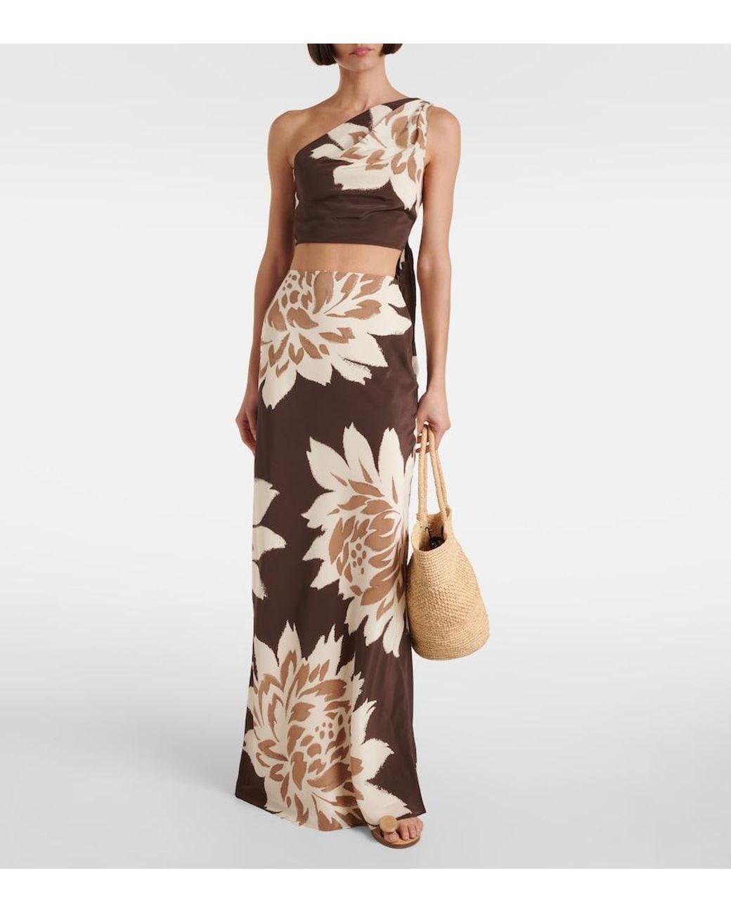 Sir Brown Floral One-Shoulder Silk Satin Top