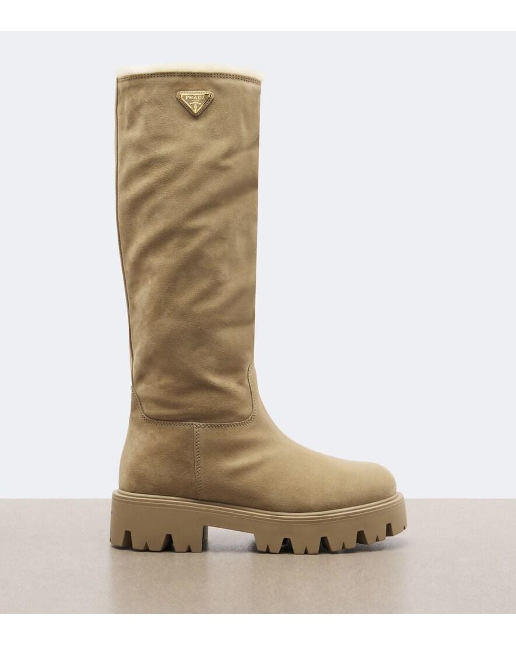 Prada Natural Shearling-Lined Suede Knee-High Boots