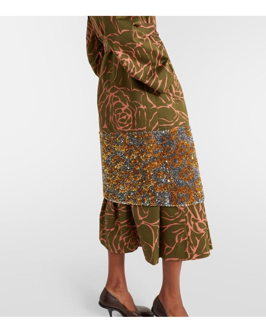 Dries Van Noten Brown Floral Sequined Cotton Wrap Coat