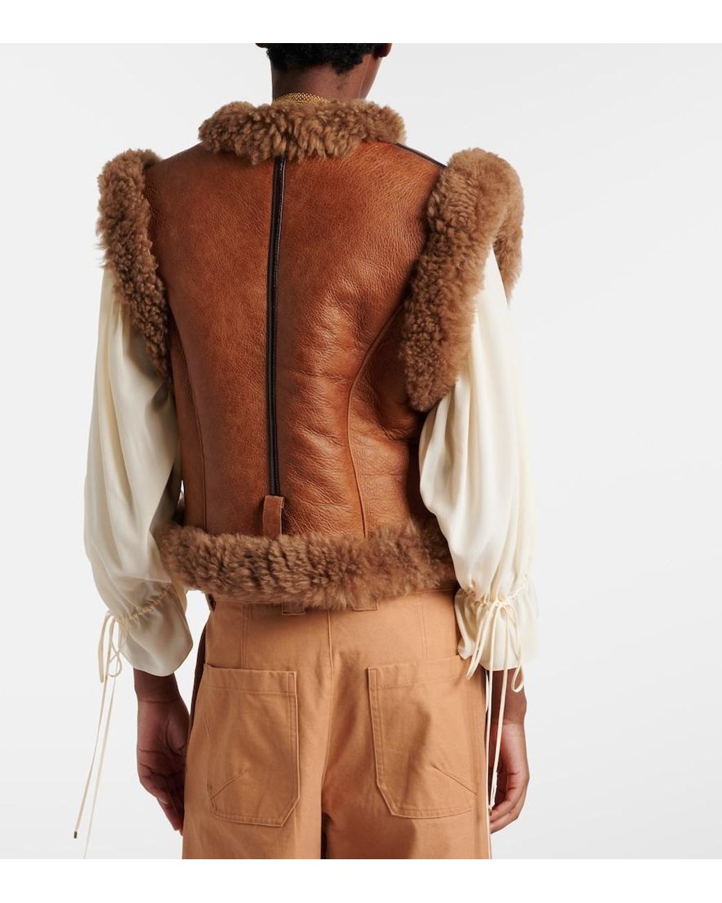 Chloé Brown Shearling-Trimmed Leather Vest