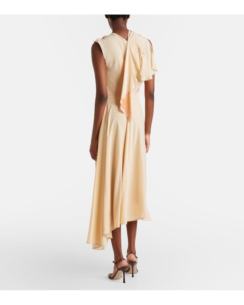 Victoria Beckham Natural Asymmetric Smocked Silk Cocktail Dress