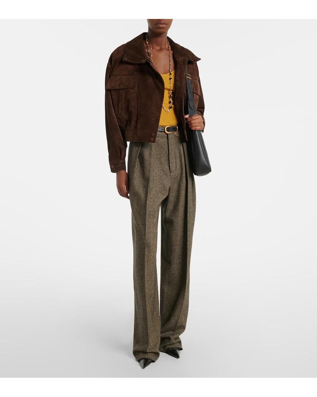 Saint Laurent Brown Herringbone Wool-Blend Wide-Leg Pants