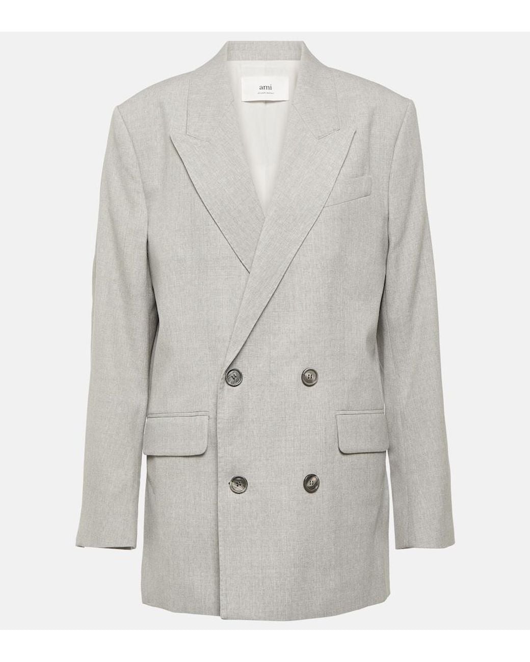 AMI Gray Double-Breasted Wool Blazer