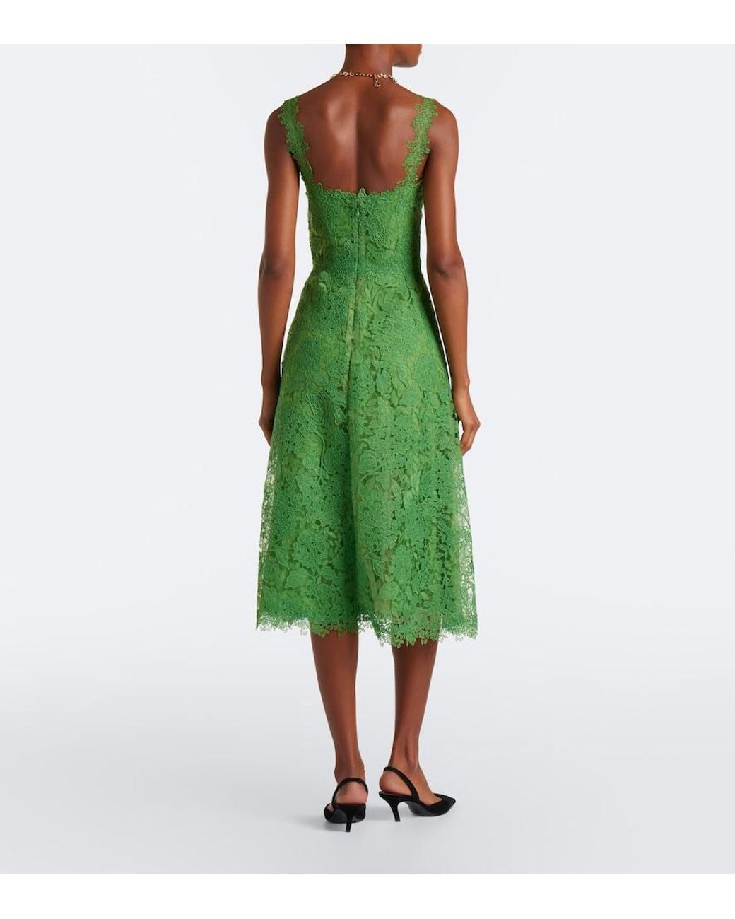 Carolina Herrera Green Floral Lace Midi Dress