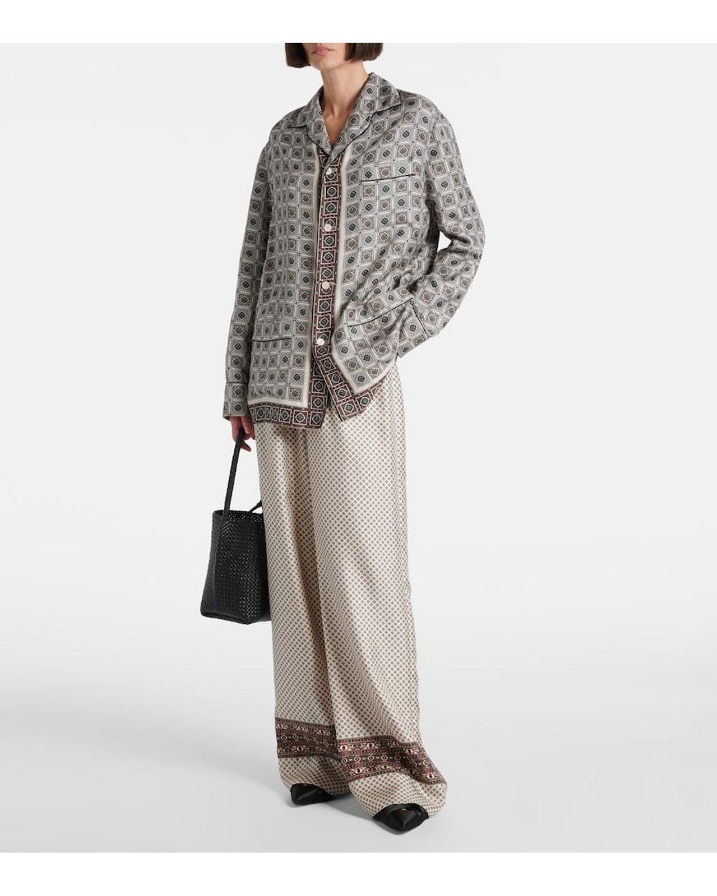Loro Piana Gray Valerio Printed Silk Twill Wide-Leg Pants