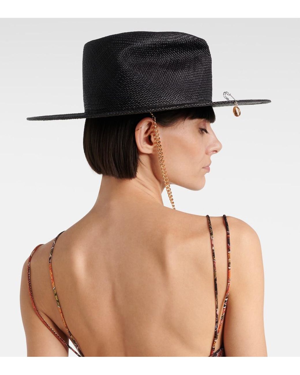 Ruslan Baginskiy Black Logo Chain-Detail Straw Fedora