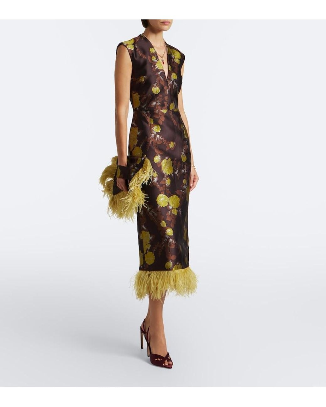 LaDoubleJ Multicolor Devon Feather-Trimmed Jacquard Midi Dress