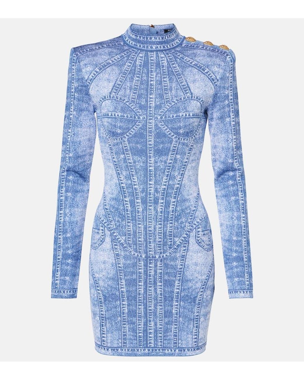 Balmain Blue Jacquard Denim-Effect Mini Dress