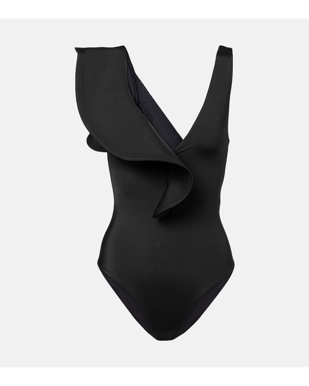 Johanna Ortiz Black Asymmetric Ruffled Swimsuit
